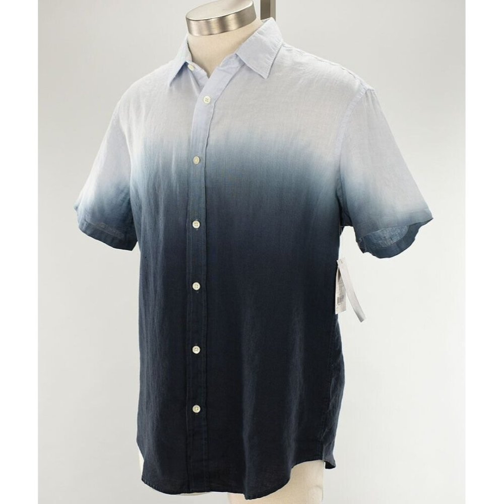 THE MENS STORE Blue DIP DYE Classic Fit Short Sleeve Linen Shirt MEDIUM NWT